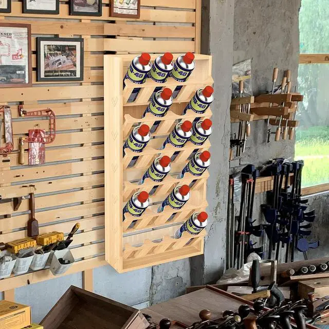 Alt view image 7 of 7 - 6 Tier 24 Can Spray Paint or Lube Can Wall Mount Storage Holder Rack Lube Holder Organization Storage Rack Wood Shelf Case Organizer, 14.2" L x 5" W x 30" H