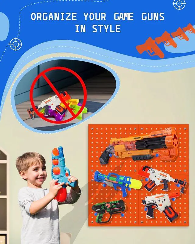 Alt view image 4 of 6 - Wooden Peg Board for Nerf Gun Storage Organizer 13 x 13 x 0.31 in - Orange