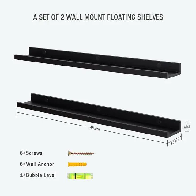 Alt view image 3 of 7 - AZSKY Picture Ledge Shelf, Floating Shelves Set of 2, 48 Inches Picture Shelves for Wall with Ledge, Long Shelf Wall Mounted for Living Room Bedroom Decor Books Photo Frames - Black