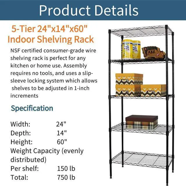 Alt view image 3 of 7 - Storage Garage Organizer Metal Shelving Unit 5-Tier 24" Steel Utility Wire Storage Racks and Shelving 750Lbs Rust-Proof Storage Shelves , NSF Certification Shelf for Kitchen Office Garage