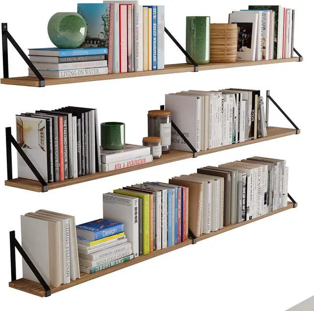 Main image of Wallniture Bora 60" x 6" Rustic Floating Shelves for Wall, Shelves for Bedroom, Office & Kitchen Storage Shelf, Wall Bookshelf, Set of 3, Burnt, Wood