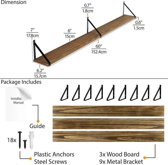 Alt view image 3 of 7 - Wallniture Bora 60" x 6" Rustic Floating Shelves for Wall, Shelves for Bedroom, Office & Kitchen Storage Shelf, Wall Bookshelf, Set of 3, Burnt, Wood