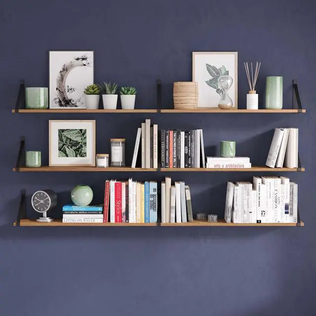 Alt view image 4 of 7 - Wallniture Bora 60" x 6" Rustic Floating Shelves for Wall, Shelves for Bedroom, Office & Kitchen Storage Shelf, Wall Bookshelf, Set of 3, Burnt, Wood