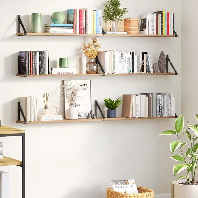 Alt view image 5 of 7 - Wallniture Bora 60" x 6" Rustic Floating Shelves for Wall, Shelves for Bedroom, Office & Kitchen Storage Shelf, Wall Bookshelf, Set of 3, Burnt, Wood