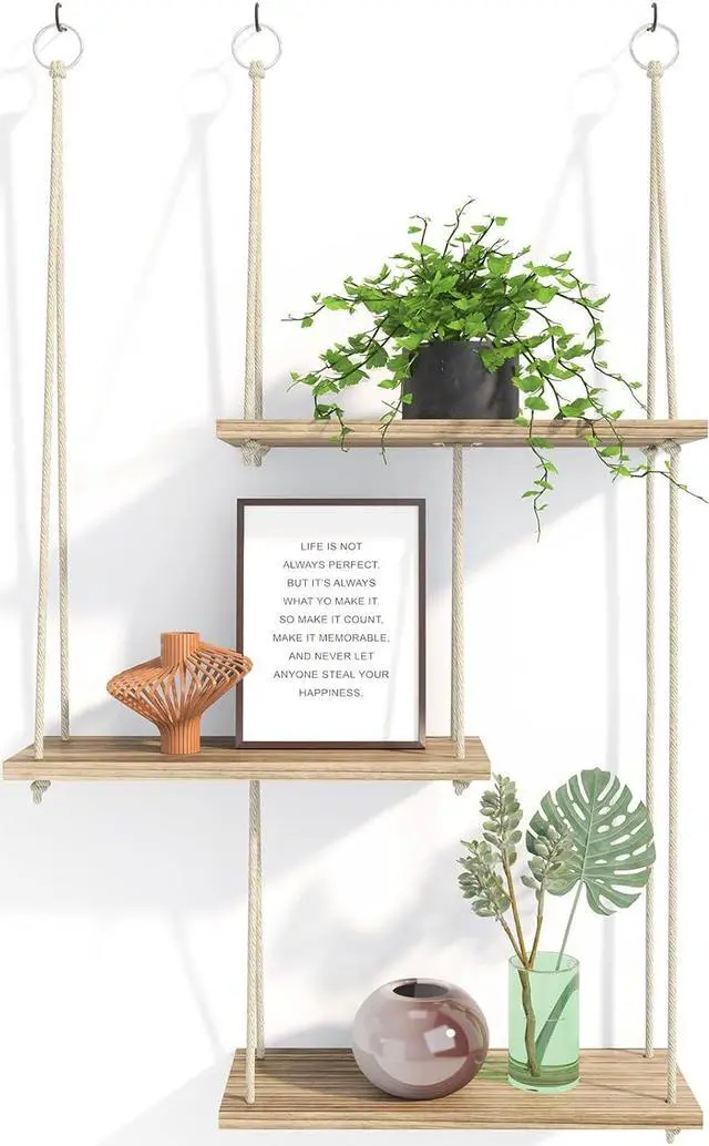 Main image of Fixwal Hanging Plant Shelves for Wall, 3 Tier Boho Wall Decor Plant Rack Floating Shelves Rope Rustic Wood Organizer Storage Hanger for Aesthetic Home Bedroom Kitchen Bathroom- Rustic Brown