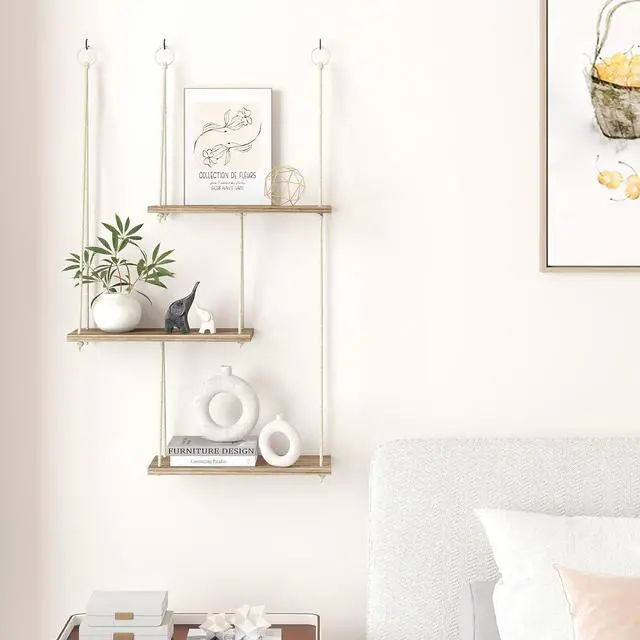 Alt view image 6 of 7 - Fixwal Hanging Plant Shelves for Wall, 3 Tier Boho Wall Decor Plant Rack Floating Shelves Rope Rustic Wood Organizer Storage Hanger for Aesthetic Home Bedroom Kitchen Bathroom- Rustic Brown