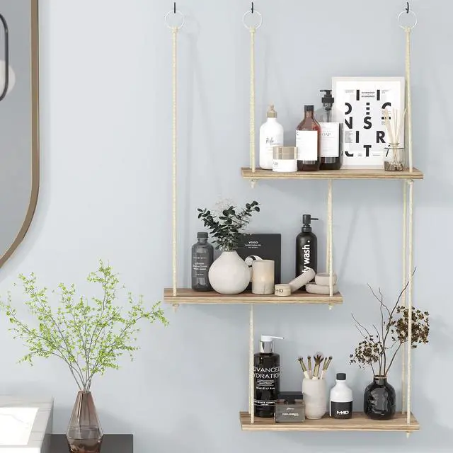 Alt view image 7 of 7 - Fixwal Hanging Plant Shelves for Wall, 3 Tier Boho Wall Decor Plant Rack Floating Shelves Rope Rustic Wood Organizer Storage Hanger for Aesthetic Home Bedroom Kitchen Bathroom- Rustic Brown
