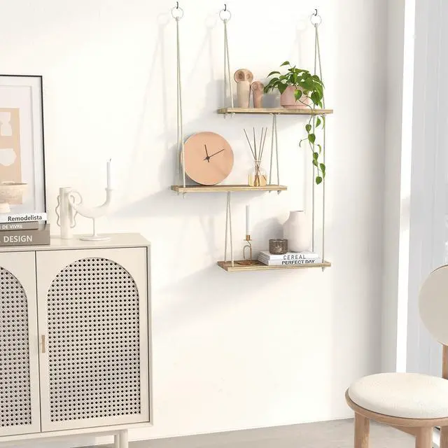 Alt view image 5 of 7 - Fixwal Hanging Plant Shelves for Wall, 3 Tier Boho Wall Decor Plant Rack Floating Shelves Rope Rustic Wood Organizer Storage Hanger for Aesthetic Home Bedroom Kitchen Bathroom- Rustic Brown