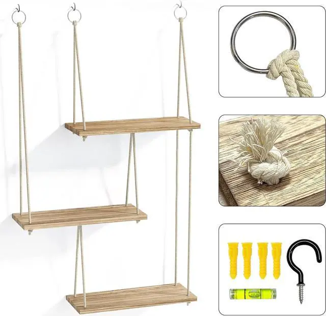 Alt view image 4 of 7 - Fixwal Hanging Plant Shelves for Wall, 3 Tier Boho Wall Decor Plant Rack Floating Shelves Rope Rustic Wood Organizer Storage Hanger for Aesthetic Home Bedroom Kitchen Bathroom- Rustic Brown