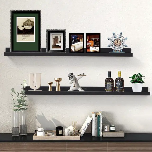 Alt view image 2 of 7 - AZSKY Picture Ledge Shelf, Floating Shelves Set of 2, 48 Inches Picture Shelves for Wall with Ledge, Long Shelf Wall Mounted for Living Room Bedroom Decor Books Photo Frames - Black