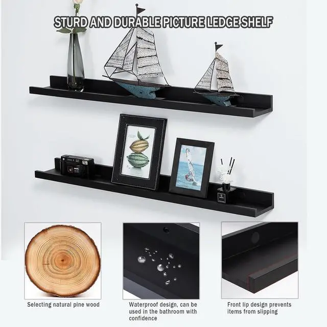 Alt view image 4 of 7 - AZSKY Picture Ledge Shelf, Floating Shelves Set of 2, 48 Inches Picture Shelves for Wall with Ledge, Long Shelf Wall Mounted for Living Room Bedroom Decor Books Photo Frames - Black
