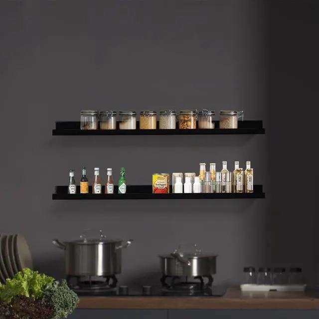Alt view image 5 of 7 - AZSKY Picture Ledge Shelf, Floating Shelves Set of 2, 48 Inches Picture Shelves for Wall with Ledge, Long Shelf Wall Mounted for Living Room Bedroom Decor Books Photo Frames - Black