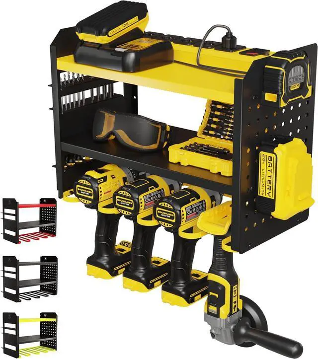 Main image of BUILTSTRONG Power Tool Organizer Wall Mount 3-Tier Heavy-Duty Steel Rack, 4 Drill Slots, Pegboard + Utility Side, 100 lb Capacity Garage, Workshop & Shed Storage (Yellow)