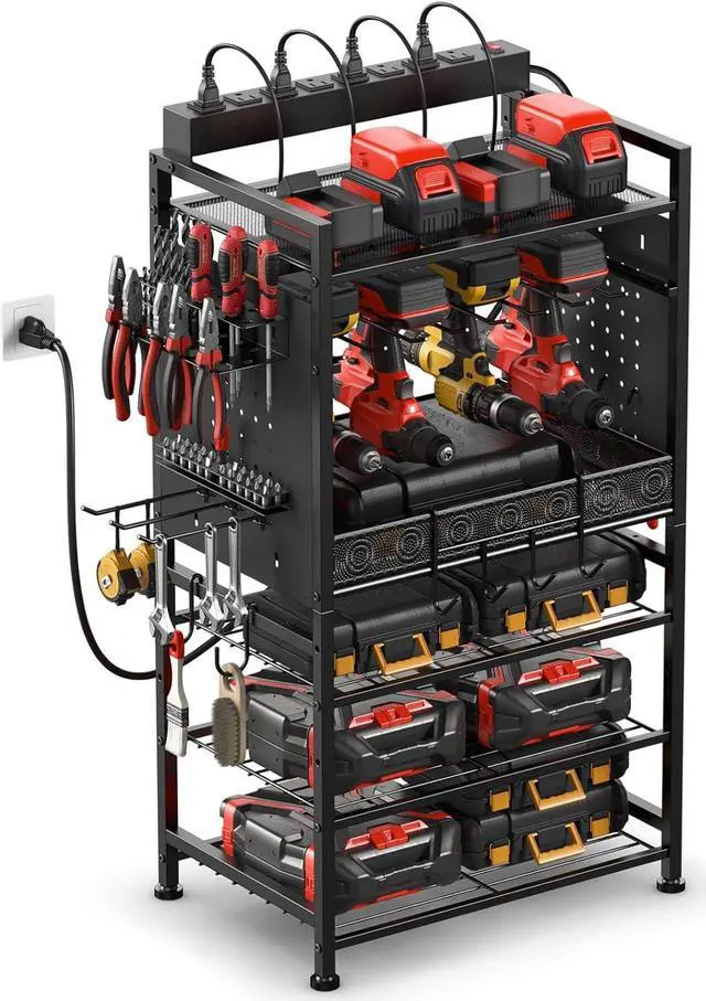 Main image of JUNNUJ Power Tool Charging Organizer Floor Stand, Black, 6 FT Power Cord | Garage Adjustable Storage Rack, Utility Tool Shelf Station with 8 Outlet Power Strip, Heavy Duty Drill and Battery Holder