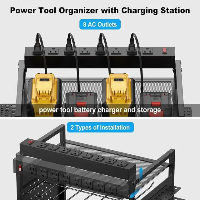 Alt view image 3 of 7 - JUNNUJ Power Tool Charging Organizer Floor Stand, Black, 6 FT Power Cord | Garage Adjustable Storage Rack, Utility Tool Shelf Station with 8 Outlet Power Strip, Heavy Duty Drill and Battery Holder