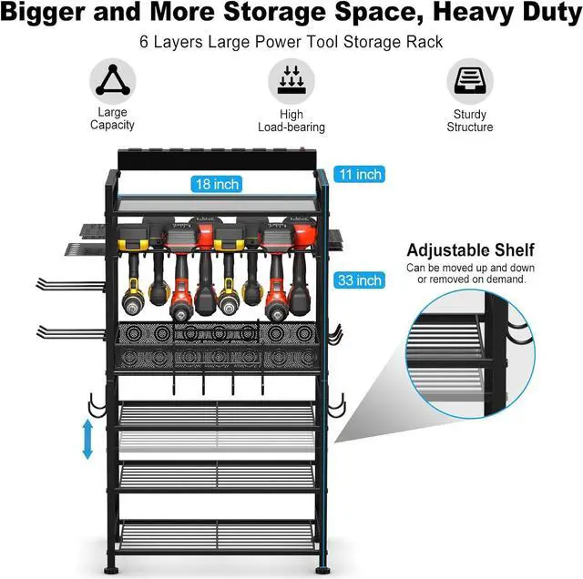 Alt view image 2 of 7 - JUNNUJ Power Tool Charging Organizer Floor Stand, Black, 6 FT Power Cord | Garage Adjustable Storage Rack, Utility Tool Shelf Station with 8 Outlet Power Strip, Heavy Duty Drill and Battery Holder