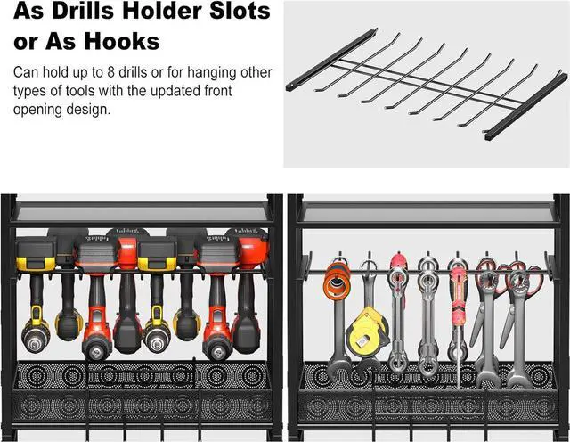 Alt view image 4 of 7 - JUNNUJ Power Tool Charging Organizer Floor Stand, Black, 6 FT Power Cord | Garage Adjustable Storage Rack, Utility Tool Shelf Station with 8 Outlet Power Strip, Heavy Duty Drill and Battery Holder