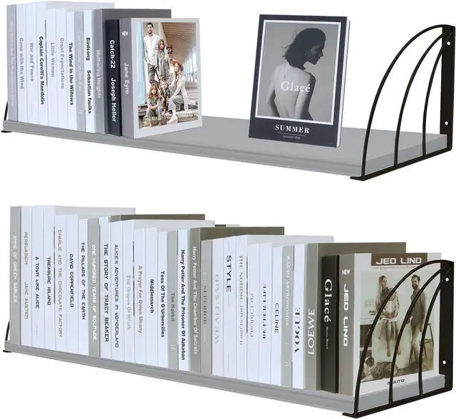 Main image of Pine Wood 23.57.87 Inch Floating Bookshelf - Elegant Grey Shelves, Wall Mounted - Set of 2