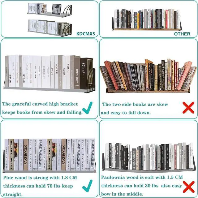 Alt view image 4 of 7 - Pine Wood 23.57.87 Inch Floating Bookshelf - Elegant Grey Shelves, Wall Mounted - Set of 2