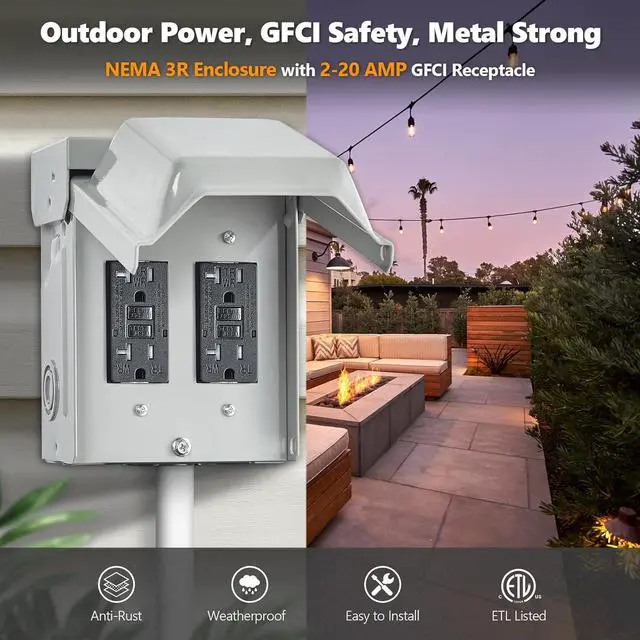 Alt view image 2 of 7 - SURAIELEC Outdoor Electrical Outlet Box, Dual 20 AMP WRTR GFCI Receptacles, Rainproof 3R Enclosure, Weatherproof All Metal Outlet Cover, Power Plug for Garden, Outdoor Lights, ETL Listed