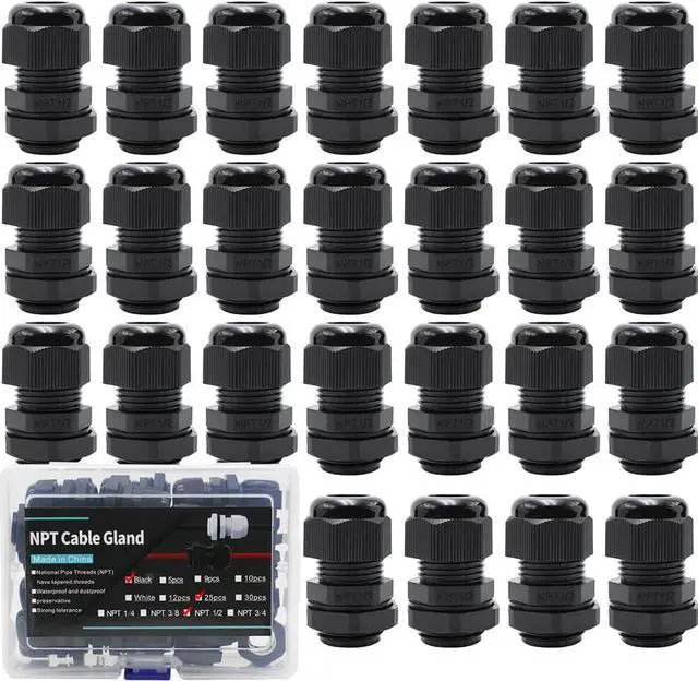 Main image of NPT Plastic Cable Gland 1/2 Knockout Box 25PCS Waterproof IP68 6-12mm Nylon Plastic Black Electrical Cord Grips Kit With Gasket