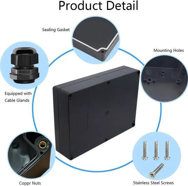 Alt view image 5 of 7 - Junction Box IP65 Waterproof ABS Plastic Electrical Project Case Power Junction Boxes, Project Box with 4 PCS M16 Cable Glands 10.35x7.17x2.36 inch (263 x 182 x60 mm)
