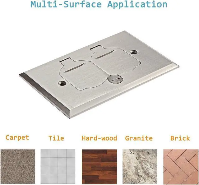 Alt view image 3 of 7 - ENERLITES Nickel Plated Brass Flip Lid Cover Floor Box Kit includes 20A Tamper-Weather Resistant Duplex Receptacle Outlet, 1- Gang Junction Box, Watertight Gaskets, UL Listed, 975507-S