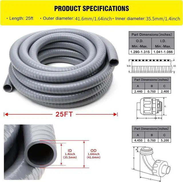 Alt view image 2 of 7 - DWALE Liquid-Tight Conduit and Connector Kit,Flexible Non Metallic Liquid Tight Electrical Conduit,1-1/4inch25ft Electrical Conduit Kit,with4 Straight and2 Angle Fittings Included,1-1.4 in. Dia