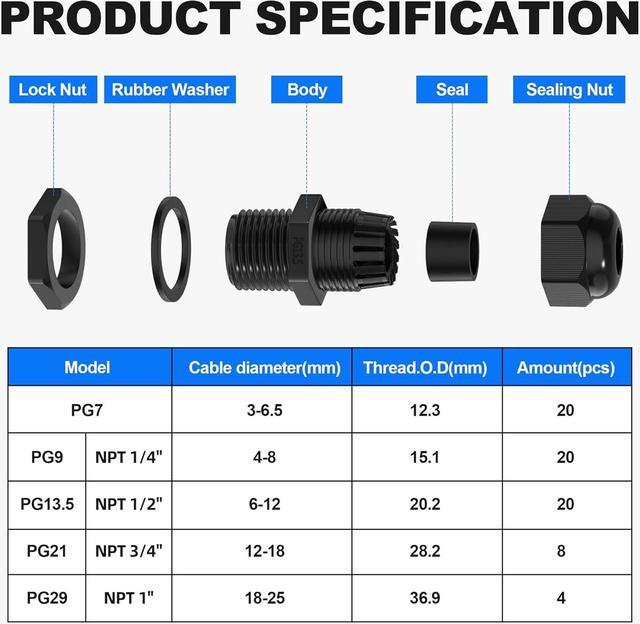 Alt view image 3 of 6 - Joinfworld 72pcs Cable Glands Kit Waterproof Strain Relief Cord Connector Grip Weatherproof Cable Pass Through PG7 1/4" 1/2" 3/4" 1" NPT Wire Grommet