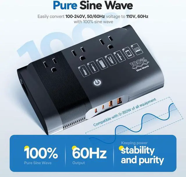 Alt view image 2 of 7 - 350W Pure Sine Wave Voltage Converter, Step Down 220V to 110V Power Converter for Hair Straightener/Curling Iron, Travel Adapter for UK, US, AU, EU, India, Asia Over 200 Countries
