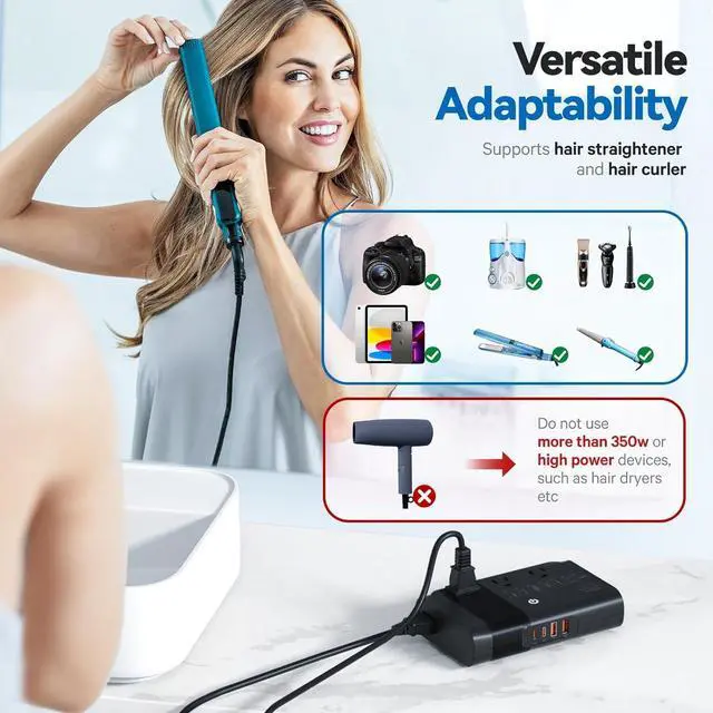 Alt view image 5 of 7 - 350W Pure Sine Wave Voltage Converter, Step Down 220V to 110V Power Converter for Hair Straightener/Curling Iron, Travel Adapter for UK, US, AU, EU, India, Asia Over 200 Countries