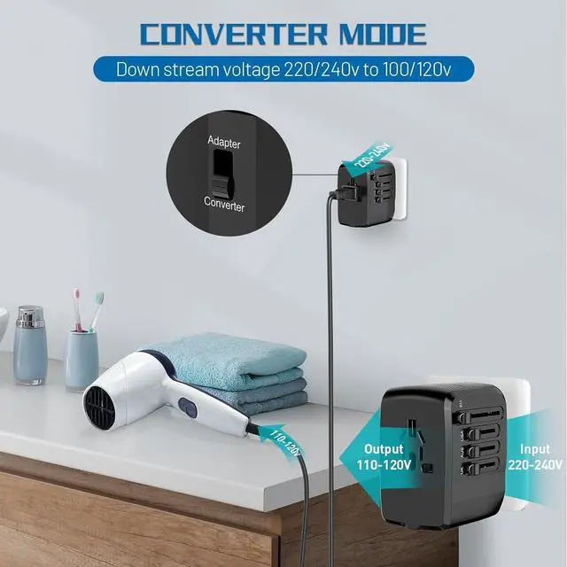 Alt view image 3 of 7 - 220V to 110V Converter Travel Adapter Combo with 2 USB, International Voltage Converter for Hair Dryer Phone Laptop, All-in-one Power Converter for US to UK EU AU Asia Cover 200+Countries
