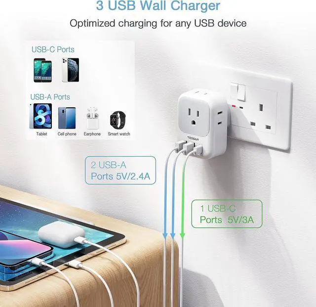 Alt view image 3 of 6 - US to UK Plug Adapter, TESSAN Type G Travel Converter with 3 USB Charger(1 USB C Port), 4 Outlets Power Adaptor for USA to Qatar Ireland Hong Kong England Scotland Kenya Dubai London British