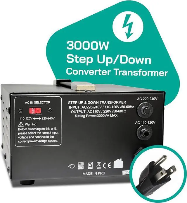 Alt view image 2 of 7 - 3000 Watt Voltage Converter Transformer Step Up/Down - 110v to 220v / 220v to 110v Power Converter - Fully USA Grounded Cord - Universal Outlet Socket, CE Certified