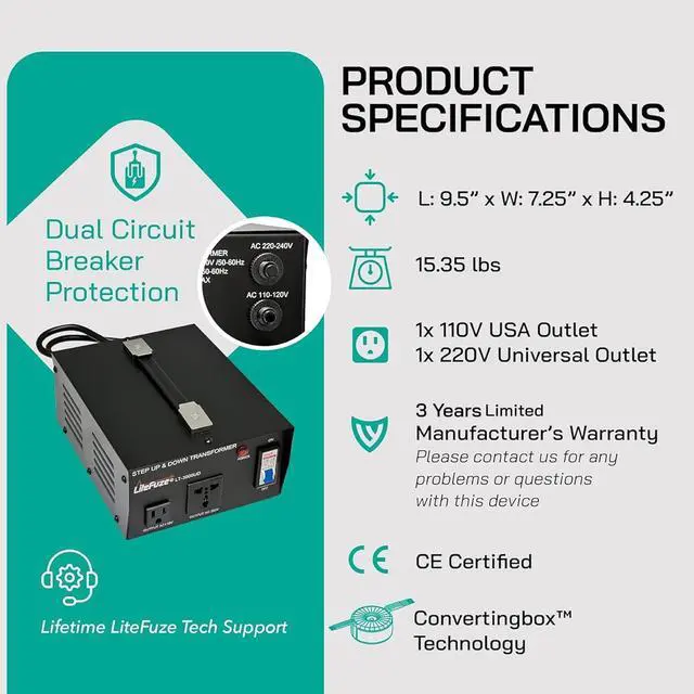 Alt view image 3 of 7 - 3000 Watt Voltage Converter Transformer Step Up/Down - 110v to 220v / 220v to 110v Power Converter - Fully USA Grounded Cord - Universal Outlet Socket, CE Certified