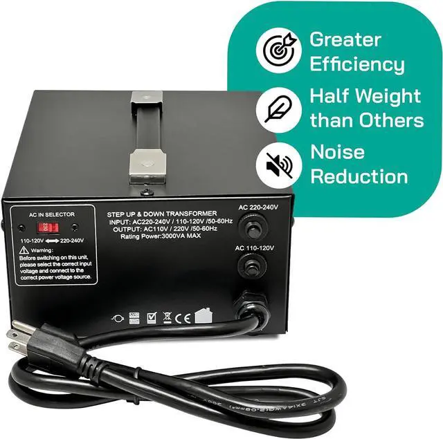 Alt view image 4 of 7 - 3000 Watt Voltage Converter Transformer Step Up/Down - 110v to 220v / 220v to 110v Power Converter - Fully USA Grounded Cord - Universal Outlet Socket, CE Certified