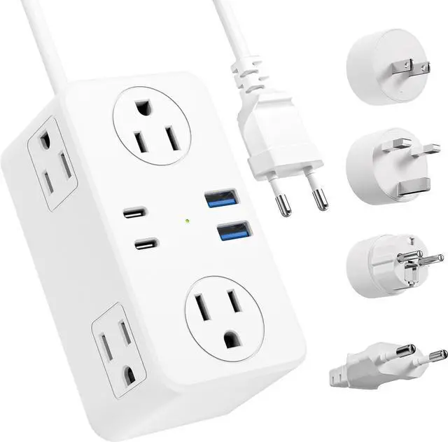 Main image of European Travel Plug Adapter, EU/UK/US Travel Plug Adapter Power Strip, 6 AC Outlets, 4 USB Ports (2 USB C), 3ft Wrapped Around Extension Cord, Universal Travel Adapter