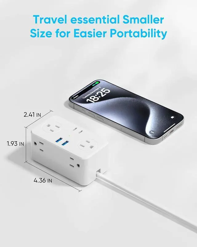 Alt view image 6 of 7 - European Travel Plug Adapter, EU/UK/US Travel Plug Adapter Power Strip, 6 AC Outlets, 4 USB Ports (2 USB C), 3ft Wrapped Around Extension Cord, Universal Travel Adapter