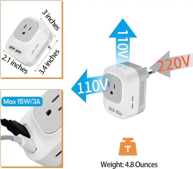 Alt view image 3 of 7 - 2 Pack 220V to 110V Travel Voltage Converter US to Europe European International Universal Plug Adapter Step Down Power Converter Adapter with 2 USB 2 USB C for Italy Spain Switzerland France
