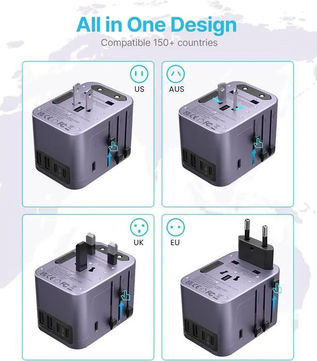 Alt view image 2 of 7 - Universal Travel Adapter, VINTAR International Power Adapter with 6A 3 USB C and 2 USB Ports, All in One Travel Essentials Plug Adapter, Worldwide Outlet Converter for Europe UK USA AUS(Type C/G/A/I)