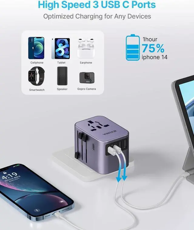 Alt view image 5 of 7 - Universal Travel Adapter, VINTAR International Power Adapter with 6A 3 USB C and 2 USB Ports, All in One Travel Essentials Plug Adapter, Worldwide Outlet Converter for Europe UK USA AUS(Type C/G/A/I)