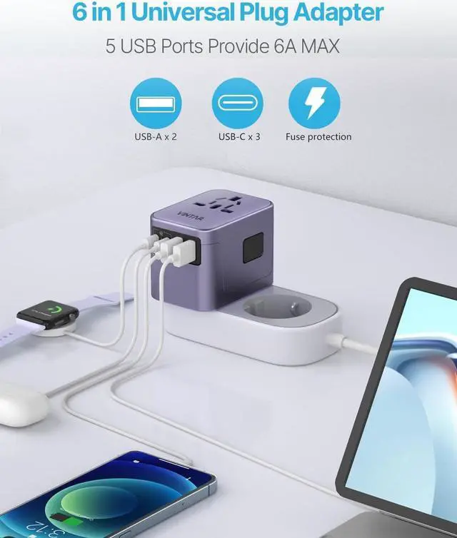 Alt view image 4 of 7 - Universal Travel Adapter, VINTAR International Power Adapter with 6A 3 USB C and 2 USB Ports, All in One Travel Essentials Plug Adapter, Worldwide Outlet Converter for Europe UK USA AUS(Type C/G/A/I)