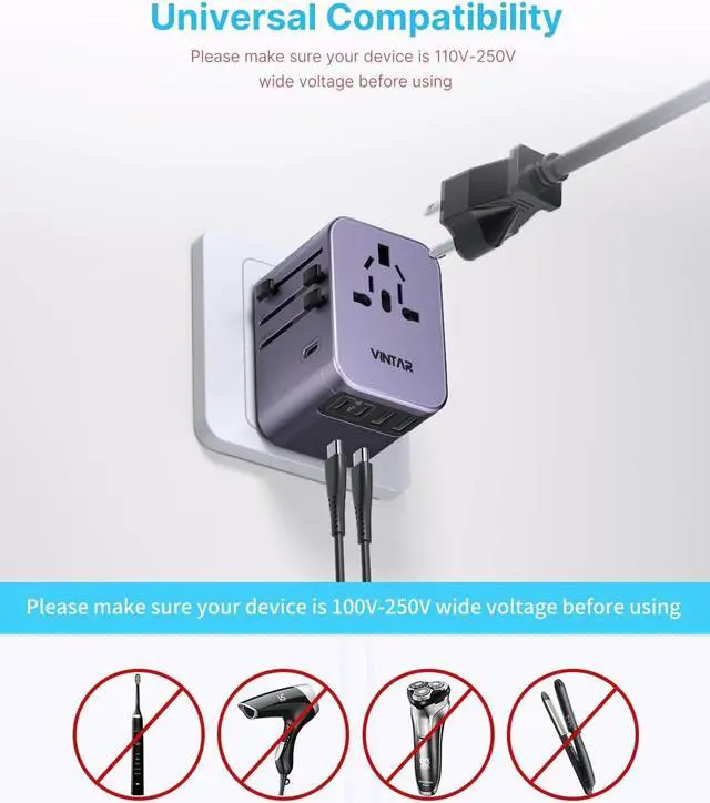 Alt view image 7 of 7 - Universal Travel Adapter, VINTAR International Power Adapter with 6A 3 USB C and 2 USB Ports, All in One Travel Essentials Plug Adapter, Worldwide Outlet Converter for Europe UK USA AUS(Type C/G/A/I)