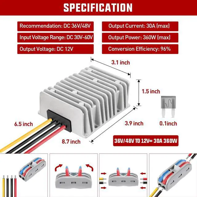Alt view image 2 of 7 - Nilight 48V 36V to 12V Voltage Converter 360W 30A Regulator Step Down to 12VDC Waterproof DC Convert Reducer Power Supply Transformer Module for Golf Cart Scooters