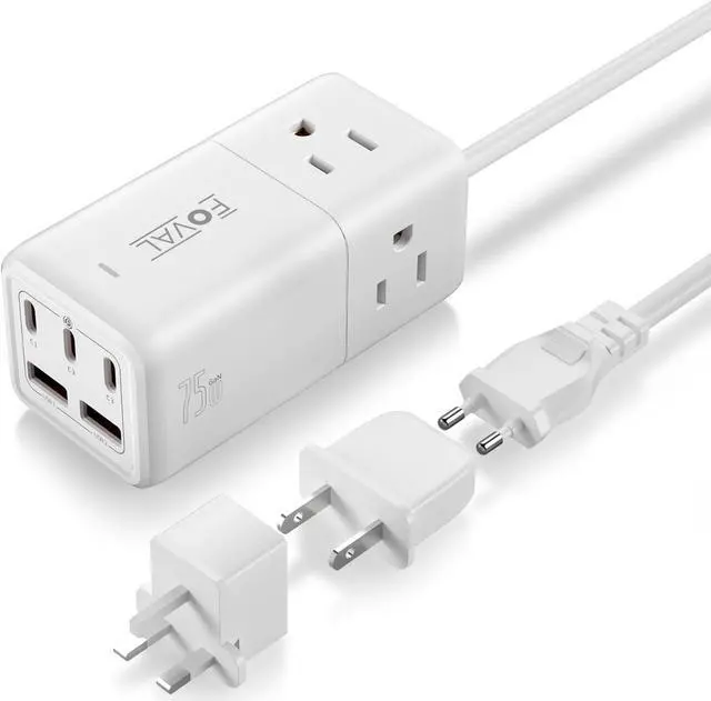 Main image of European Travel Plug Adapter, FOVAL US to UK Europe Power Strip 75W USB C Charger with 5 USB Ports, 3 AC Outlets, 5ft Extension Cord, for Spain, France, Ireland, Travel Home Cruise Ship