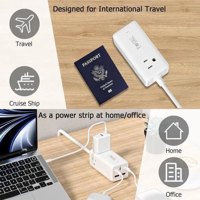 Alt view image 5 of 7 - European Travel Plug Adapter, FOVAL US to UK Europe Power Strip 75W USB C Charger with 5 USB Ports, 3 AC Outlets, 5ft Extension Cord, for Spain, France, Ireland, Travel Home Cruise Ship