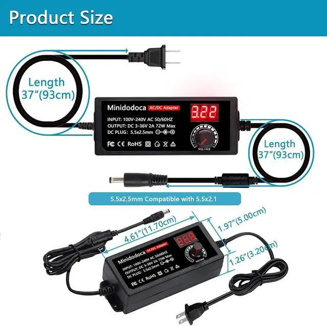 Alt view image 4 of 7 - 72W Power Supply Adjustable DC 3V ~ 36V Variable Universal Switching AC/DC Adapter AC to DC Converter with LED Voltage Display and 16 Tips, for 3V to 36V Household Electronics - 2000mA Max
