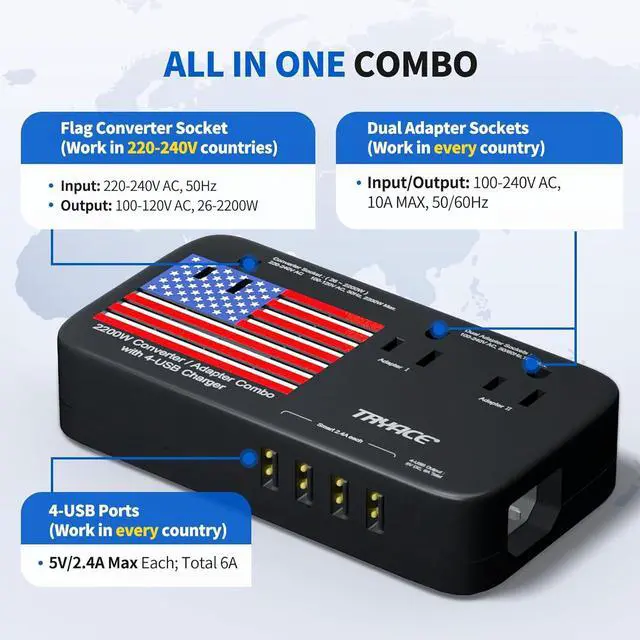 Alt view image 2 of 7 - 2200W Exclusive Voltage Converter and 10A Travel Adapter with 4-Port USB,Power Converter Step Down 220V to 110V for Hair Dryer/Straightener/Curling Iron,US/UK/EU Plug