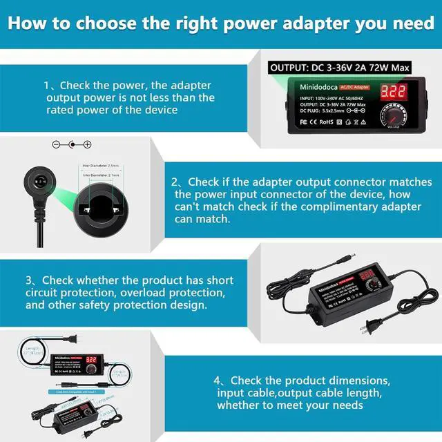 Alt view image 7 of 7 - 72W Power Supply Adjustable DC 3V ~ 36V Variable Universal Switching AC/DC Adapter AC to DC Converter with LED Voltage Display and 16 Tips, for 3V to 36V Household Electronics - 2000mA Max