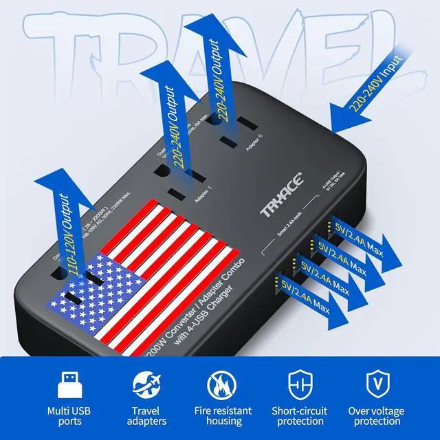 Alt view image 6 of 7 - 2200W Exclusive Voltage Converter and 10A Travel Adapter with 4-Port USB,Power Converter Step Down 220V to 110V for Hair Dryer/Straightener/Curling Iron,US/UK/EU Plug